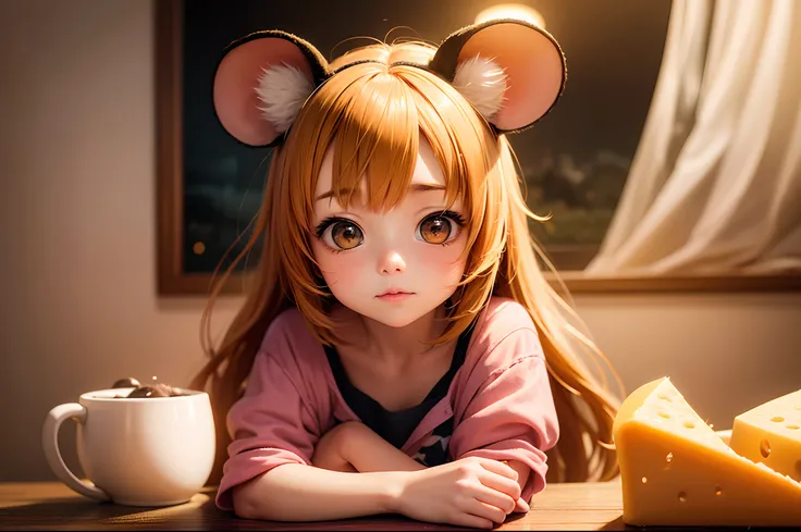 "Photograph capturing an anime-themed scene with a little girl in mouse ears, enjoying cheese in a snug room. Golden hour-like lighting, anime ambiance, enchanting."