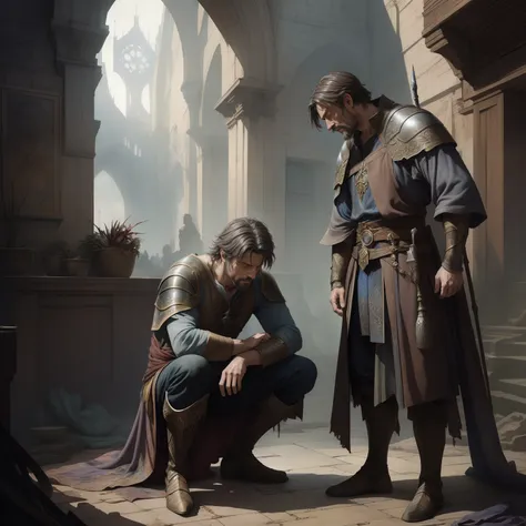 a man comforting another man crying, medieval fantasy, line art watercolor wash, concept art, by Brian Froud and Carne Griffiths and Wadim Kashin and John William Waterhouse, intricate details, 8k post production, high resolution, hyperdetailed, trending o...