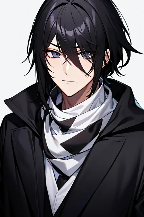 serious male anime character with black messy hair wearing black long sleeve shirt and a stripped scarf covering the face  (ultra high quality 32k, masterpiece, white background)