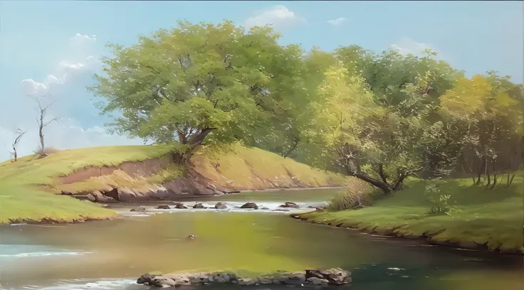 There is a painting of a tree on a cliff at the waters edge, detailed trees and cliffs, Pintura digital, Pintura Digital de Alto Detalhe, Pintura digital detalhada, Pintura digital, Pintura digital muito detalhada, Pintura digital  4K HD, Pintura de ambien...