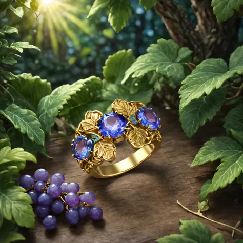 Product image of the ring，Gold ring set with blue-purple gemstones，tmasterpiece，（Very detailed CG unity 8K wallpaper），（best qualtiy），（Most Best Illustration），（Best shadow），The background is a forest theme with natural elements，blossoms，a warm color palette...