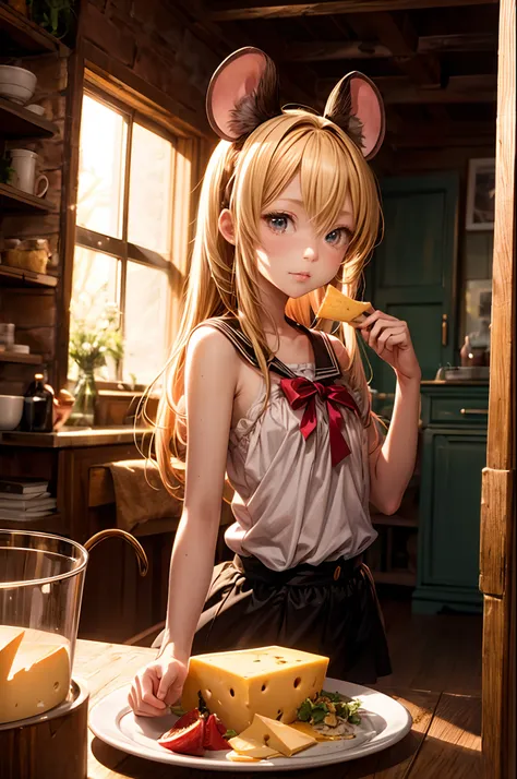 "Photograph capturing an anime-themed scene with a little girl in mouse ears, enjoying cheese in a snug room. Golden hour-like lighting, anime ambiance, enchanting."