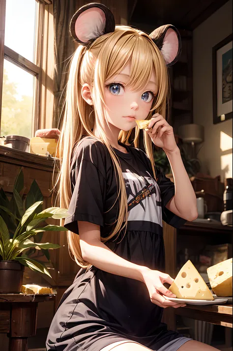 "Photograph capturing an anime-themed scene with a little girl in mouse ears, enjoying cheese in a snug room. Golden hour-like lighting, anime ambiance, enchanting."