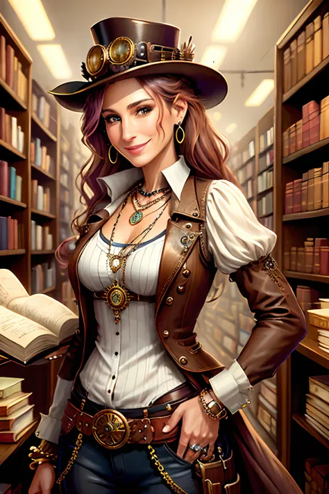 Steampunk, steampunk, smiling woman  similar to Sarah Jessica Parker in a small bookstore, necklaces, earrings, bracelets, chains, shirts, vests, belts