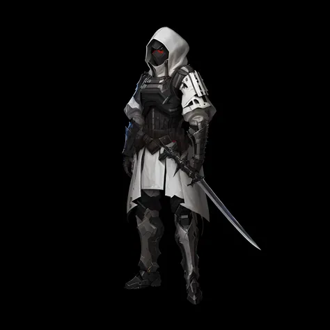 (Fidelity 1.3) Close-up of a man holding a sword in a hooded jacket, helghast, 8 k character concept art, 8k character concept art, in a dark space mercenary outfit, new character, Amazing 8K character concept art, intimidating full body armor, unreal engi...