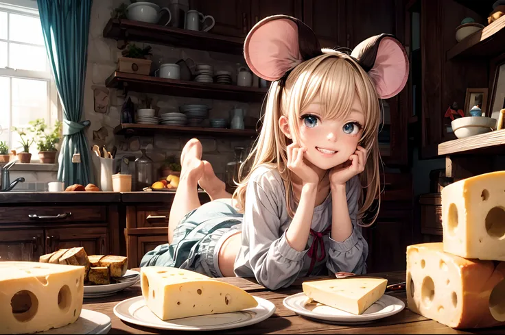 "A captivating anime-style illustration of a little girl grinning donning mouse ears, surrounded by cheese, in a cozy room. Vibrant colors, anime charm, heartwarming, the epitome of comfort and cuteness."