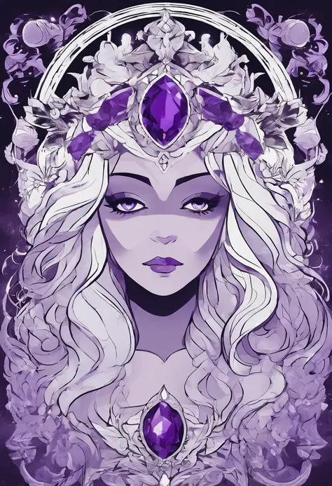 Amethyst, Steven Universe, Greek goddess,Masterpiece, delicate features, purple woman, full mouth, white hair, amethyst stone, Divine art