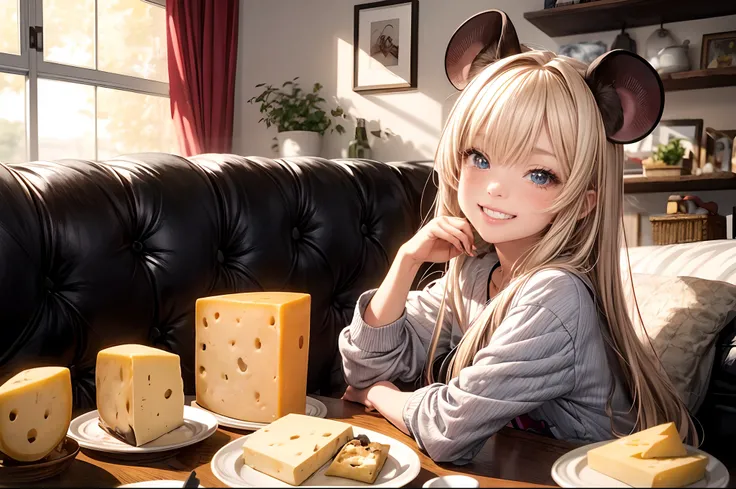 "A captivating anime-style illustration of a little girl grinning donning mouse ears, surrounded by cheese, in a cozy room. Vibrant colors, anime charm, heartwarming, the epitome of comfort and cuteness."