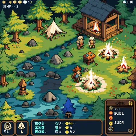 a screenshot of a game with a bunch of people around a campfire, rpg scene, coriolios rpg art style, dnd in a dark forest, epic rpg artwork, rpg artwork, beautiful detailed pixel art, detailed pixel art, rpg art, inside a rpg game, isometric pixelart, made...