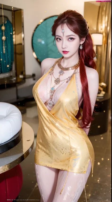 1 beautiful and sexy 20 year old girl, ((wearing traditional Hanfu armor with main colors purple and red:1)), not wearing pants, sexy hanfu style, ((long red hair:1.7)), jewelry elaborately made from precious stones and beautiful hair, ((wearing a 24k gold...