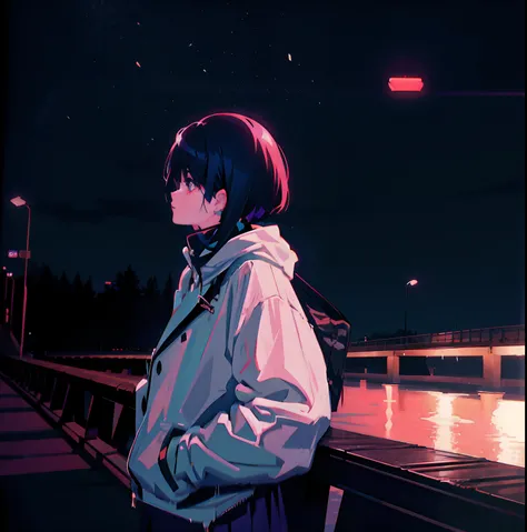 Anime scene of a woman standing on a bridge at night, Praise Artstyle, Lofi art, animeaesthetic, Ilya Kuvshinov landscape, lofi feel, lofi aesthetics, lo-fi art, 9 0 s anime aesthetic, lofi, lofi hip hop, lofi portrait, Ilya Kuvshinov. 4 k