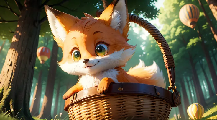 adorable fox inside a basket tied to a hot yellow air balloon air balloon flying over the forest, pixar style movie, high quality, amazing sunray, very cute, big eyes, pretty eyes, smiling, verdant lightgreen forest