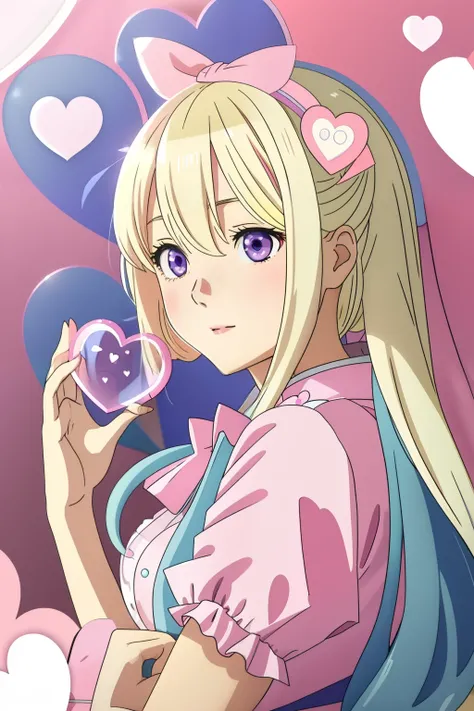 Light blonde haired anime girl with pale blueish violet colored eyes wearing a romantic pink dress, surrounded by pink hearts and heart shaped bubbles