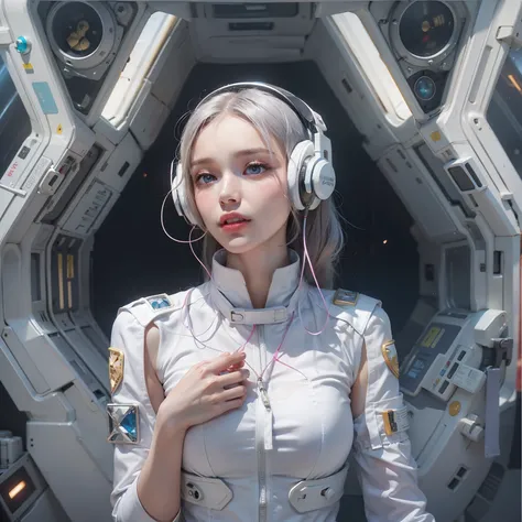 Enchanted woman happy to raise her hand　Perfect beauty　Beautiful white skin　Beautiful eyes　Lustrous lips　lovely smile　long-sleeveＴwearing a shirts　Functional　head phone　Inside the spacecraft