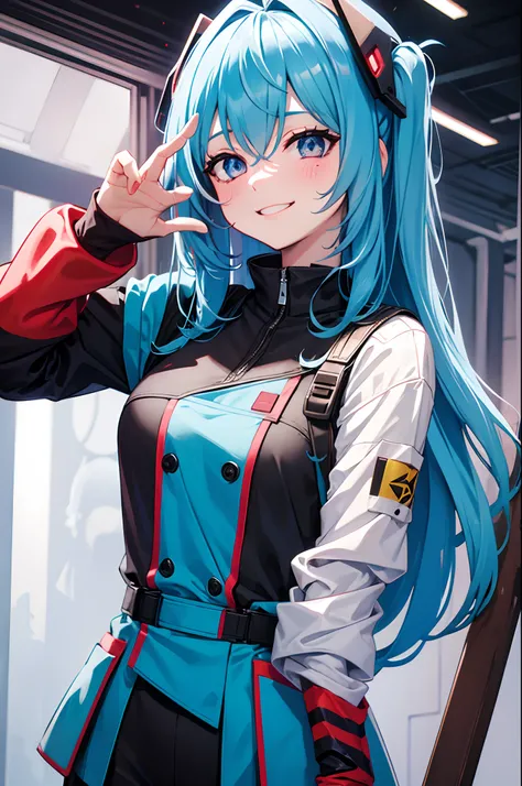 Graffiti face, eyes open, yandere expression, smile, look at viewer, hand not visible, upper body, wearing sci-fi clothes