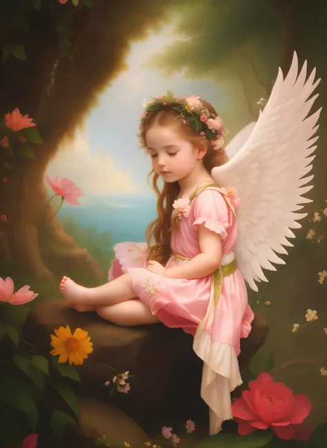 Theres a little girl sitting on a rock with a wreath of flowers, of an beautiful angel girl, young wan angel, beautiful angel, of beautiful angel, inspirado por Anne Geddes, portrait of a beautiful angel, angel girl, Retrato de hada, Retrato de un hada, be...