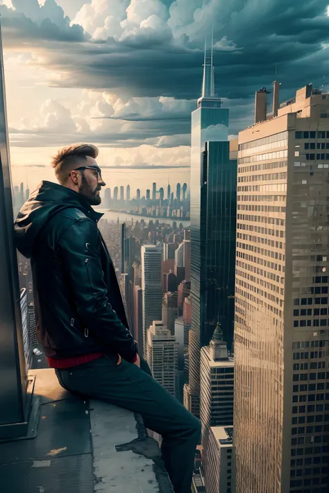 Image that man is looking on top of a building in a cloudy city