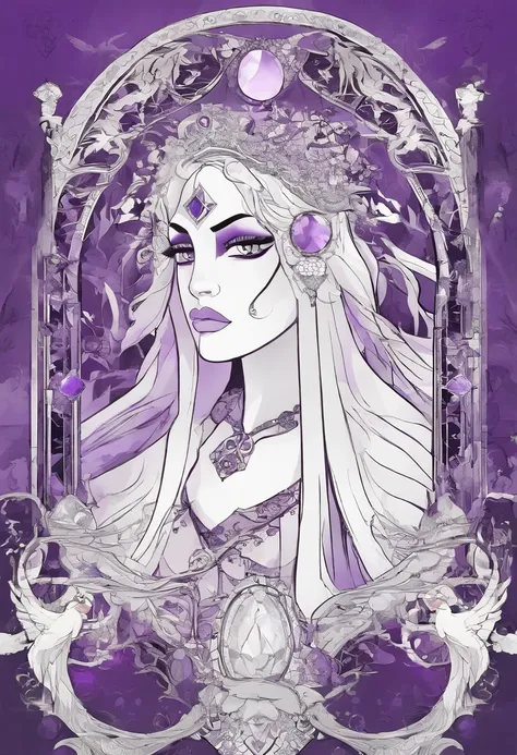 Amethyst, Steven Universe, Greek goddess,Masterpiece, delicate features, purple woman, full mouth, white hair, amethyst stone, Divine art, chubby woman