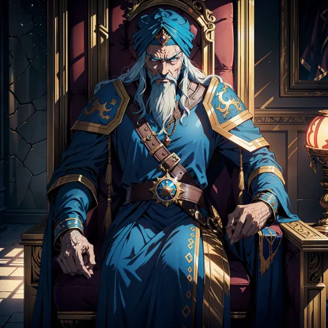 Castlevania Super Realistic Shadow Lord Super Detailed Dynamic Shot Centerpiece Cinematic Epic Movie Scenes Legendary King Sultan Old Man with Blue Turban Next To Him Lord Dracula His Sun In The Middle 15 Years In The Throne Room Legendary Scene 3D View