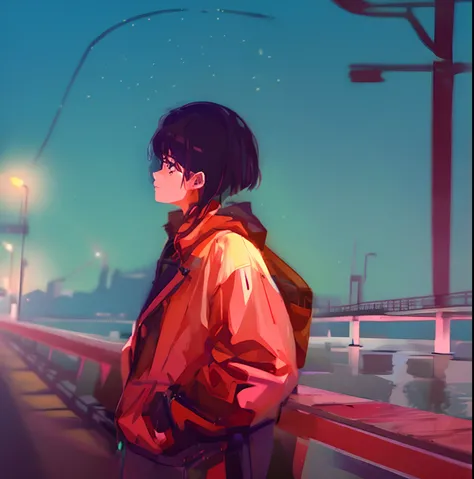 Anime scene of a woman standing on a bridge at night, Praise Artstyle, Lofi art, animeaesthetic, Ilya Kuvshinov landscape, lofi feel, lofi aesthetics, lo-fi art, 9 0 s anime aesthetic, lofi, lofi hip hop, lofi portrait, Guviz-style artwork