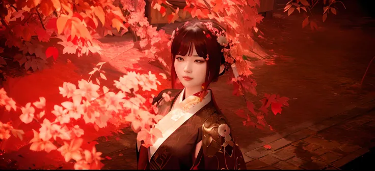 there is a woman standing under a tree with red leaves, artwork in the style of guweiz, guweiz, palace ， a girl in hanfu, hanfu, 🌺 cgsociety, 🍁 cute, chinese style, guweiz on pixiv artstation, guweiz on artstation pixiv, beautiful digital artwork, guweiz m...