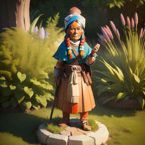 A woman garden gnome that is a Native American