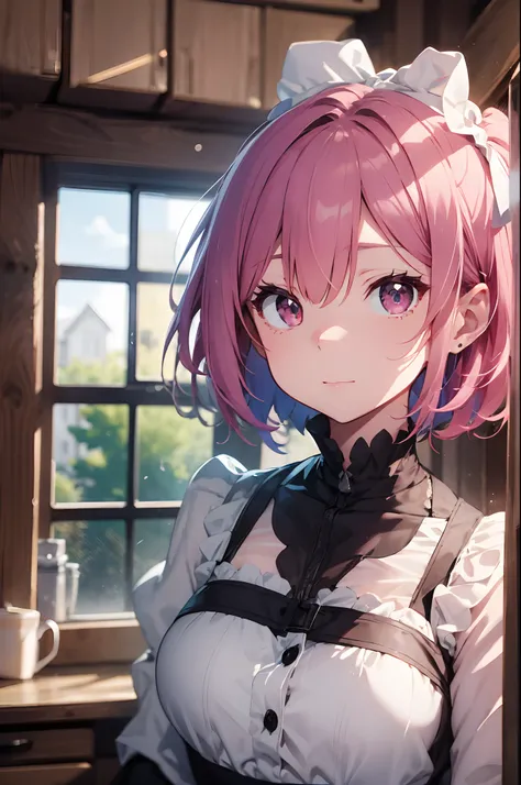 {{{{{ram_(re:zero)}}}}}, {re:zero kara hajimeru isekai seikatsu}, {{{{{roswaal mansion maid uniform}}}}},{x hair ornament}, 1girl,{{pink hair}},{red eyes}, {hair over one eye},right eye, short hair, {bob cut},little girl,ribbon,bangs,white apron,white apro...