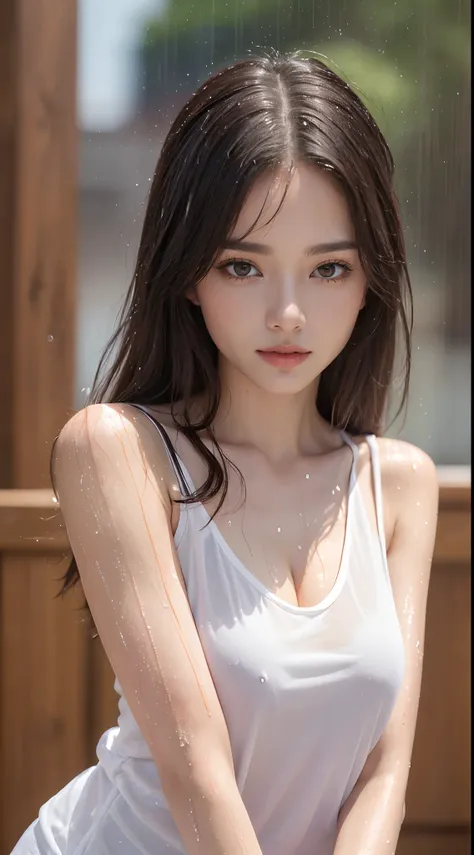 (Best quality, 4k, Masterpiece :1.3), pretty woman, 1girl, sexy :1.1, dark brown hair: 1.1, (rainy wet, wet from rain, wet body :1.2), white tank tops, ultra-detailed face, detailed lips, detailed eyes, double eyelid