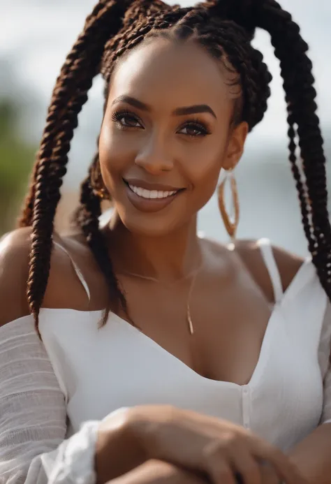 Beautiful black woman with detailed brown box braids, big brown eyes, long eyelashes, white plain shirt, smiling, realistic, 4k had Nikon camera shot