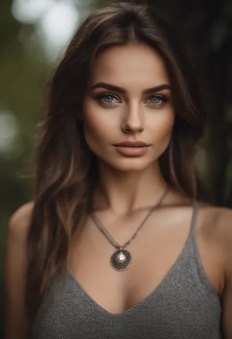 Arafed woman with a white tank top and necklace, fille sexy aux yeux verts, Latina, Portrait Sophie Mudd, cheveux bruns et grands yeux, selfie of a young woman, Yeux de chambre, Violet Myers, sans maquillage, maquillage naturel, looking straight at camera,...