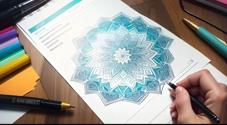 Intricate geometric pattern on a sheet of paper and use colors to highlight different areas. Maintain concentration to maintain symmetry and precision