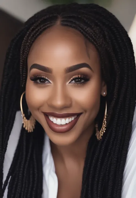 Beautiful black woman with detailed brown box braids, big brown eyes, long eyelashes, white plain shirt, smiling, realistic, 4k hd Nikon camera shot, facing forward