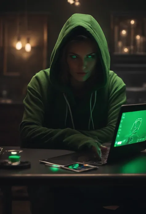 4k, detailed CG, 4k wallpaper, hacker, hoodie, black cat, green eyes, andromorphic, tattoo, laptop, screens, dark room