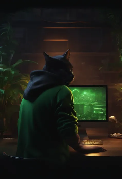 4k, detailed CG, 4k wallpaper, hacker, hoodie, black cat, green eyes, andromorphic, tattoo, laptop, screens, dark room