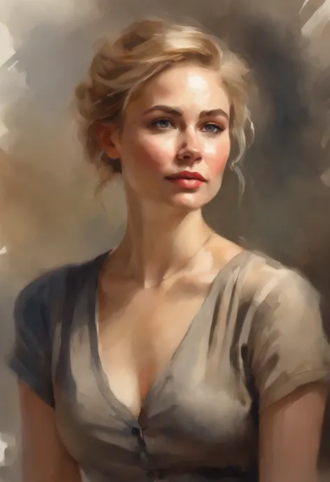 professional, (4k photo:1.1) by (Jeremy Lipking:0.3), (Dittmann Anna:0.3), (Arian Mark:0.3), (Sharp focus:1.3), high detail, wearing (tight shirt:1.2), beautiful detailed face, hazel eyes, short blonde hair, (attractive young woman:1.3), (seductive:1.1), (...