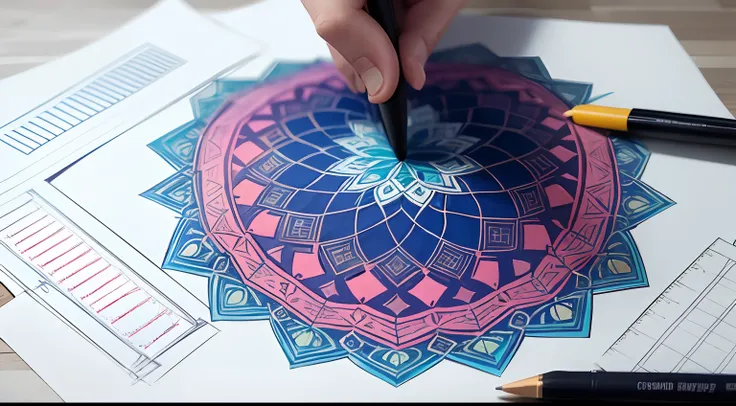 An intricate geometric pattern on a sheet of paper and use bold, colorful colors to highlight different areas. Maintain concentration to maintain symmetry and precision