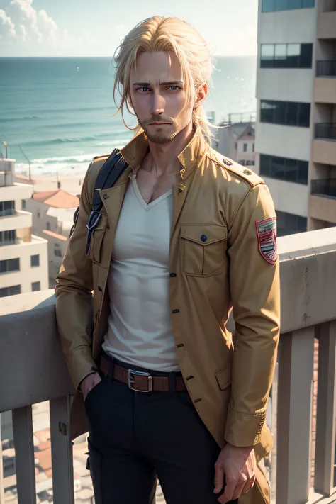 Anime, Attack On Titan, Marleyan, Tybur family, 30 year old man, medium length blonde hair going down to the end of his head, wearing a beige military jacket with white buttoned t-shirt, standing on a balcony overlooking the sea.