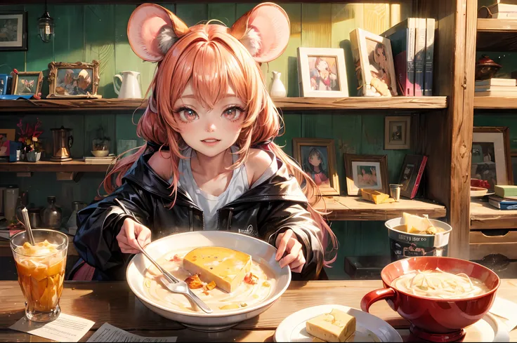 "A captivating anime-style illustration of a little girl grinning donning mouse ears, surrounded by cheese, in a cozy room. Vibrant colors, anime charm, heartwarming, the epitome of comfort and cuteness."