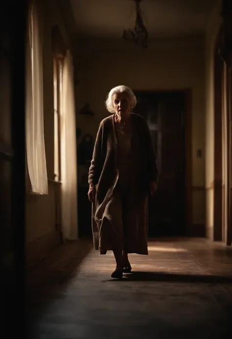 8k realistic image of a scary old woman walking dead under the bed, horror movie environment, horror movie photography