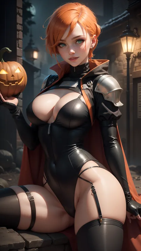 gwen tennyson,tracer,yorha 2b,rebecca chambers,atelier ryza,nier automata,1girl, close up,mecha pilot,halloween village, white and red plugsuit,hair pin,pirate corset,silver long sleeve lycra top,steel leggings,short hair,cute makeup, green eyes,orange and...