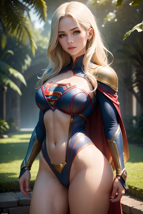 Beautiful, Powerful supergirl with flowing blonde hair and a captivating smile. His strong, muscular physique radiates confidence and strength. Os detalhes intrincados de seu rosto, showing off her piercing blue eyes and perfectly shaped lips, melhorar seu...