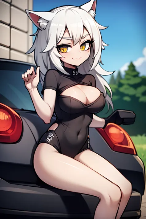 catgirl making a cute face with a porsche in the background