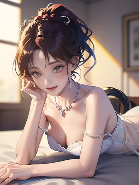 Best quality, Masterpiece, A high resolution, 1girll, Comely,Color hair，red eyes（wistful look）， hair adornments,Detailed nose and eyes are depicted ,,ssmile（Blushing and shy）,Lips, （比基尼（the detail））,hair adornments, necklace, jewelry, High ponytail, , Beds...