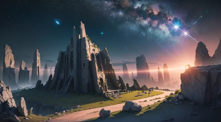 (((masterpiece)), hdr, the ruins of an alien civilization on an alien planet. night time, starry sky, 2 asteroids in the sky, co...