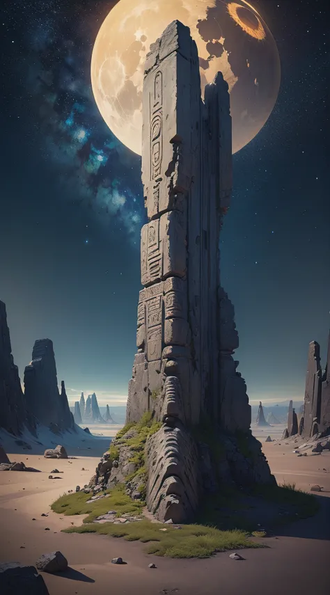 ((Masterpiece)), Ruins of an alien civilization on an alien planet. night time, Starry sky, Stones with alien drawings and diagrams, Alien hieroglyphs and letters, Schematic depictions of fantastic creatures on stone