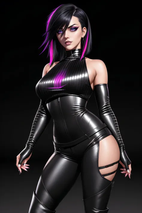 beautiful girl, ((standing:1.4)), (confident gaze:1.1), full body, short bright neon streaked black hair, ((realistic highly detailed eyes:1.4)), ((seductive pose:1.2)), black eyeshadow, (street style wear:1.2), ((tight fitted pants)), ((knee high leather ...