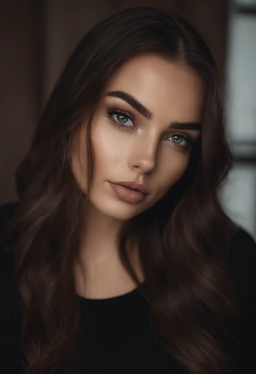 French Woman with Black Clothes, fille sexy aux yeux bruns, Portrait Sophie Mudd, cheveux bruns et grands yeux, selfie of a young woman, Yeux de chambre, Violet Myers, sans maquillage, maquillage naturel, looking straight at camera, Visage avec Artgram, Ma...