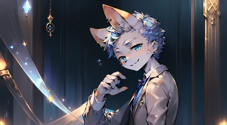 (highres,ultra-detailed,realistic:1.37),rabbit,grey fur,animal ears,elongated ears,male,sapphire blue eyes,charming smile,villainous character,right ear earring,silver earring,circular,suit shirt, young boy