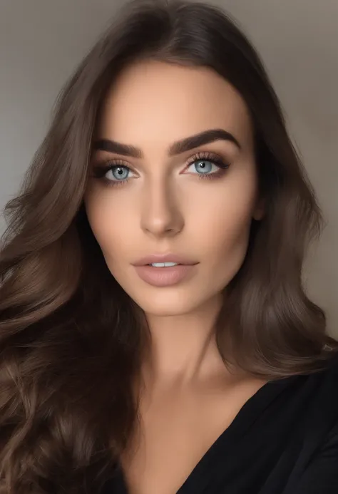 French woman looking straight at camera lens with black clothes, fille sexy aux yeux bruns, Portrait Sophie Mudd, cheveux bruns et grands yeux, selfie of a young woman, Yeux de chambre, Violet Myers, sans maquillage, maquillage naturel, looking straight at...