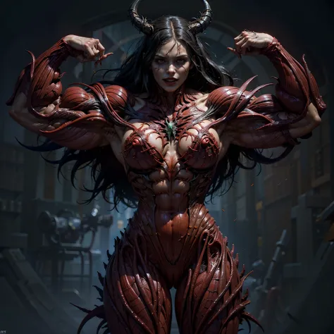 (1 girl), (spread legs:1.25), (demoness with beautiful face:1.25),(1 super muscular succubus with flayed skin:1.5), (carnage physique:1.5), (covered in thick muscle suit:1.5), (exposed perfect anatomy:1.5), (venom muscle anatomy:1.5), high detail, best qua...